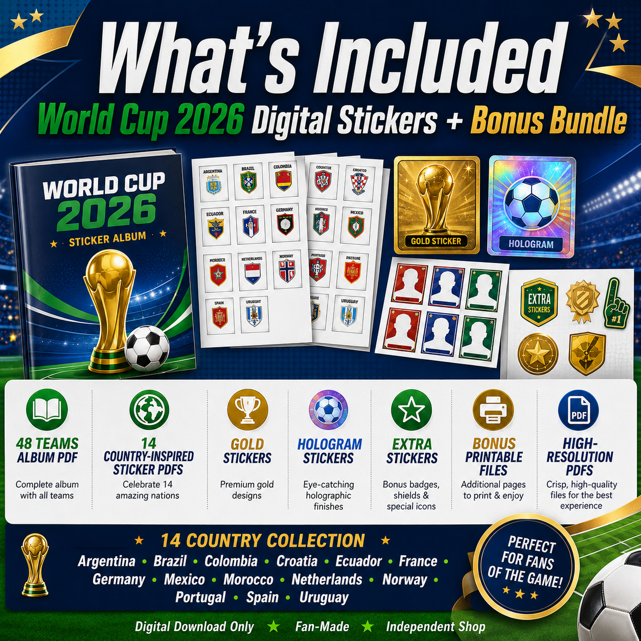 World Cup 2026 Printable Soccer Stickers PDF Bundle, 48 Teams Album, Gold & Hologram Stickers