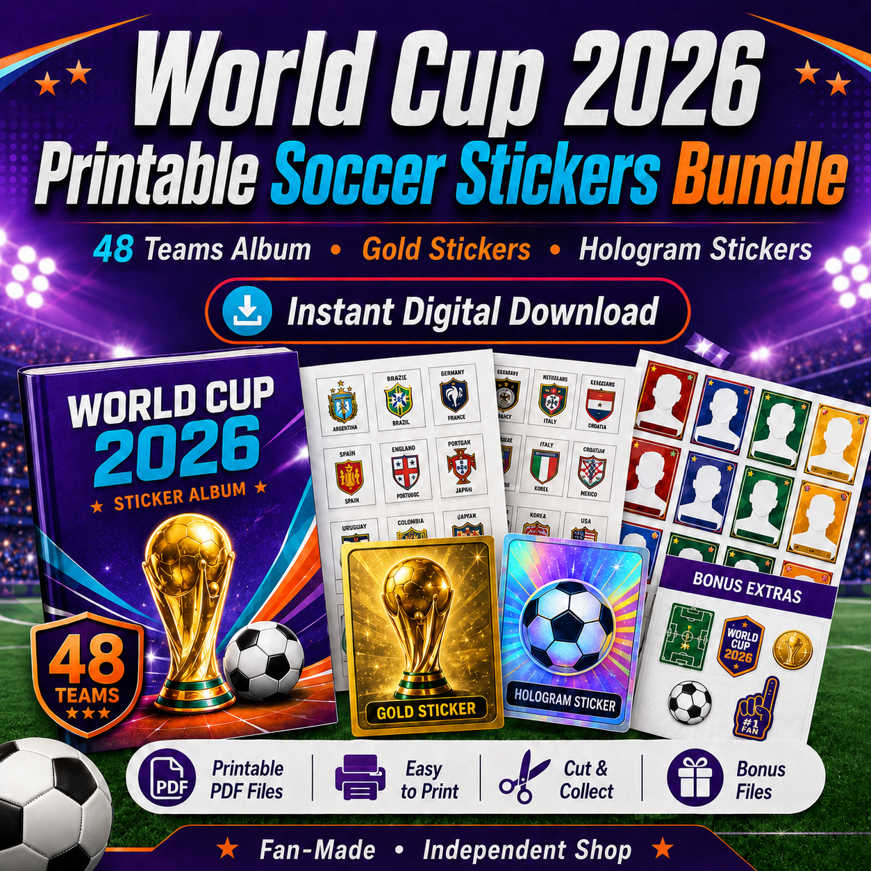 World Cup 2026 Printable Soccer Stickers Bundle | Digital PDF Sticker Album + Bonus Files
